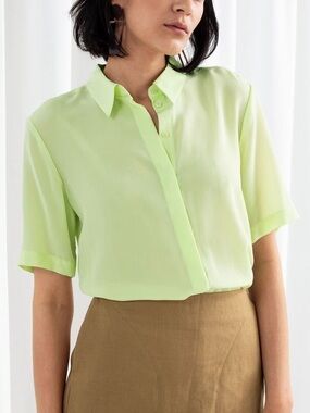 & Other Stories Silk Lime Green Yellow Short-Sleeve Button-Down Blouse Top